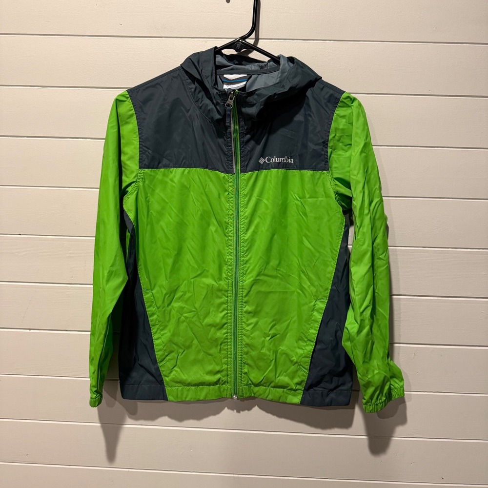 Columbia Glennaker Youth Kids M 10/12 Green Grey Hooded Rain Jacket Windbreaker